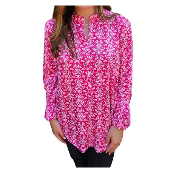 NEW ERMA’S CLOSET print pullover top with button detail in pink/white - Picture 1 of 1